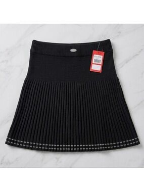 GUESS Black Ribbed Pleated Skater Skirt with Hem Stripe